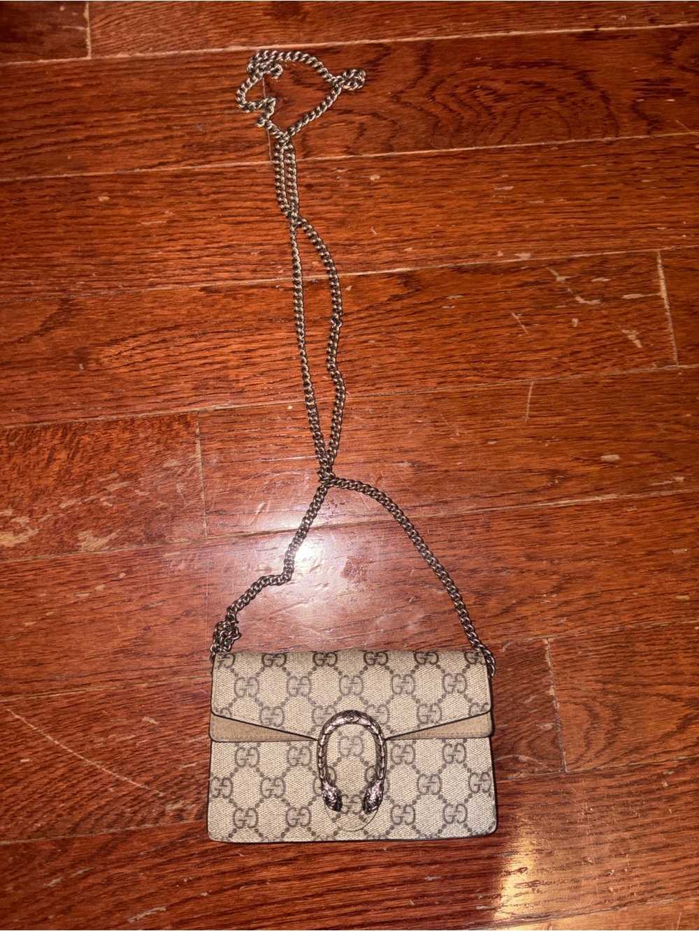 Gucci Beige Monogram Mini Shoulder Bag with Silver Chain